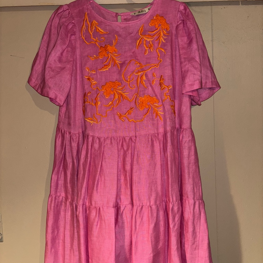 100% linen Pink and Orange Puff Sleeve Sundress
